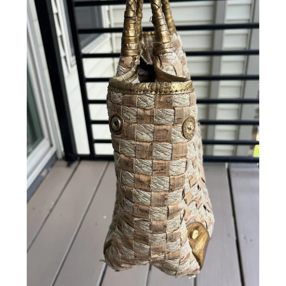 ELAINE TURNER Woven Cork Rope Tote Shoulder Bag Gold Leather Handles Boho